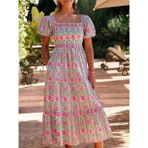 NEW Pink City Prints Lilac Border Jodhpur Dress Hand Printed Floral Cotton M